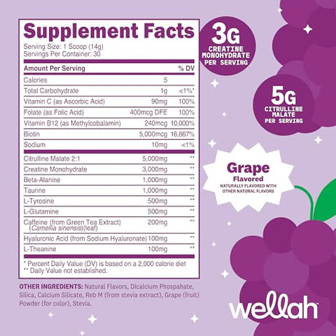 Wellah Pre-Workout Creatine Powder (30 Servings) Grape - 200Mg Caffeine 3G Creatine Monohydrate 5G Citrulline Malate Pre-Workout With Creatine Supplement