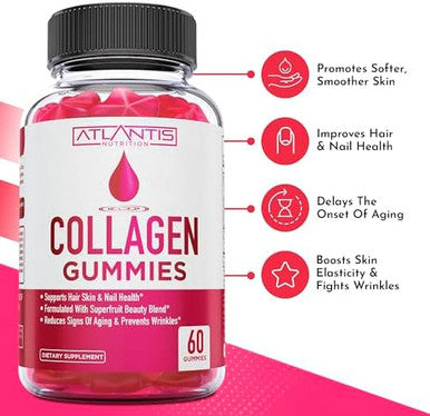 Atlantis Nutrition Collagen Peptides Gummies For Women - Formulated With Type I & Iii - Vitamin & Superfruit Beauty Blend - Formulated To Support Hair, Nail & Skin Health 60 Count