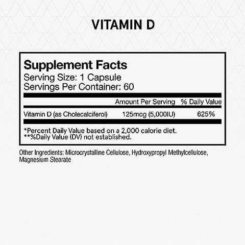 Momentous Vitamin D3 Supplement 5000 IU Capsules for Foundational Health Support NSF Certified for Sport Gluten Free 60 Servings