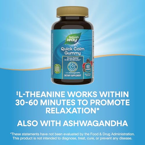 Nature'S Way Quick Calm Gummies L-Theanine For Relaxation Fast-Acting Stress Relief From L-Theanine Within 30-60 Minutes With Ashwagandha Vegetarian Mixed Berry Flavored 60 Gummies
