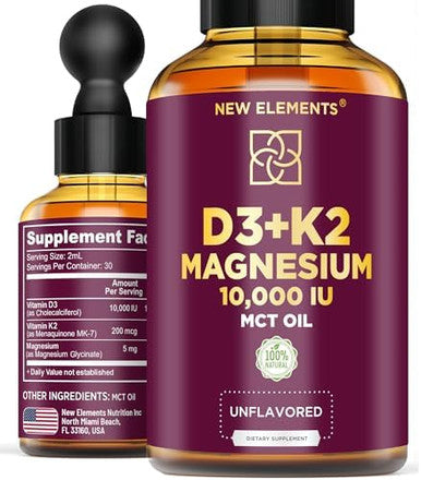 Elements Liquid Vitamin D3 K2 10.000 Iu With Magnesium Glycinate 5Mg Vit D3 K2 Drops For Adults Mk7 Vitamin K2 200Mcg Vitamin D3 + K2 Supplement For Men & Women Gluten Non-Gmo