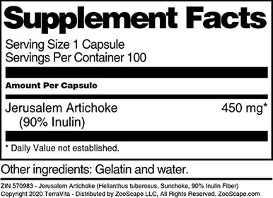 Terravita Jerusalem Artichoke (Helianthus Tuberosus, Sunchoke, 90% Inulin Fiber) - 450 Mg (100 Capsules, Zin: 570983)