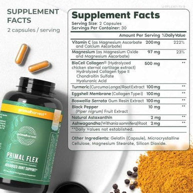 Primal Harvest Primal Flex With Turmeric Hyaluronic Acid Type Ii Collagen And Boswellia For Joint Comfort Flexibility And Mobility Support