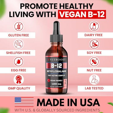 Vitboost Vegan Liquid B-12 Drops 60 X 5000 Mcg Extra Strength Raspberry Flavored Vitamin B12 Liquid Methylcobalamin Sublingual Supplement | Designed To Maximize Absorption & Energy | Gluten Free