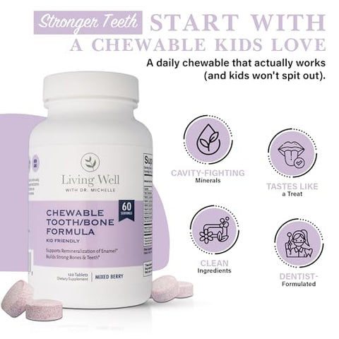 Living Well Kids Calcium & Tooth Support Chewable Bone Health Vitamins With D3 K2 Magnesium & Zinc Strong Teeth & Enamel Defense Berry Flavor Fluoride-Free Non-Gmo
