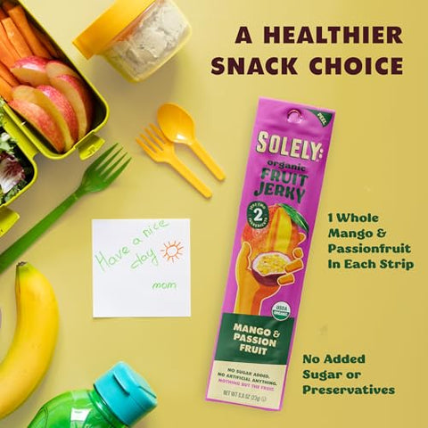 SOLELY - Organic Mango Passion Fruit Jerky - 1 Individually Wrapped Strip - Fruit Leather Made from Dried Fruit - Healthy Snacks for Adults & Kids - Non GMO, Vegan Snacks - 0.8oz (23g)