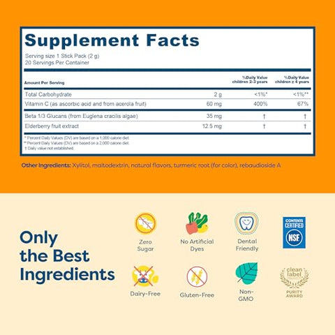Hiya Kids Immune Support Vitamin C Elderberry & Beta Glucans For Ages 2 Delicious Orange Flavor 0G Sugar 20 Stick Packs For Toddlers & Kids