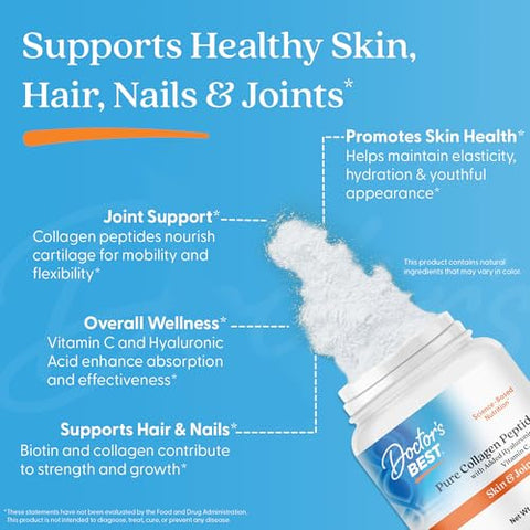 Doctor'S Best Pure Collagen Peptides W/Hyaluronic Acid - Collagen Powder Supplement For Women & Men Unflavored 18 G Protein & 90 Mg Vitamin C Per Serving Supports Healthy Skin & Hair 14.8 Oz
