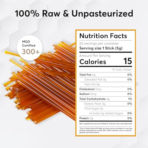 P.R.I Manuka Honey Sticks, MGO 300+, Raw New Zealand Manuka Honey, Premium SingleÃ¢â‚¬â€˜Serve OnÃ¢â‚¬â€˜theÃ¢â‚¬â€˜Go Pack, 20 Count