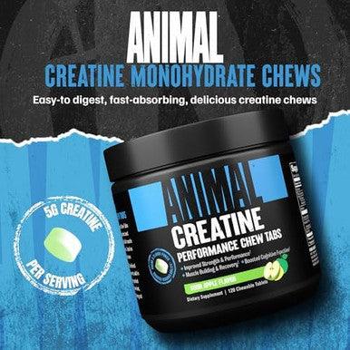 Animal Creatine Chews Tablets Creatine Monohydrate Chewable Muscle Builder With Sea Salt & Nootropic Astragin For Added Absorption Delicious And Convenient For Men & Women 120 Count Sour Apple