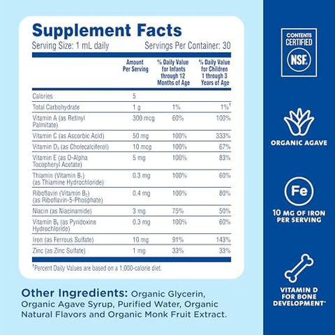 Mommys Bliss Baby Multivitamin + Iron Daily Essential Vitamins for Immune Support Healthy Growth and Bone Development Age 2 Months+ 30 ml Liquid