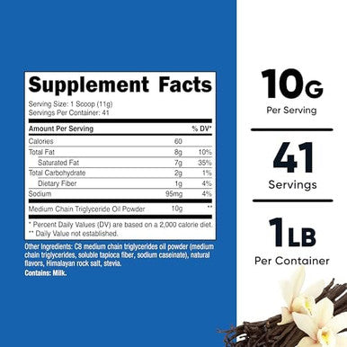 Nutricost C8 Mct Oil Powder 1Lb (16Oz) Vanilla Flavor 95% C8 Mct Oil Powder Best For Keto Diets Nongmo Gluten