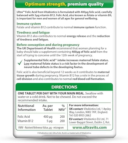 Vitabiotics Ultra Folic Acid 400ug with Vitamin B12. 60 Tablets