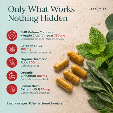 Etta Vita Ketosis & Glp-1 Supplement Weight Loss For Women And Men - Appetite Suppressant Fat Burner And Metabolic Health With Bhb Raspberry Ketones Apple Cider Vinegar Berberine Hcl (Made In Us/Lab Tested)