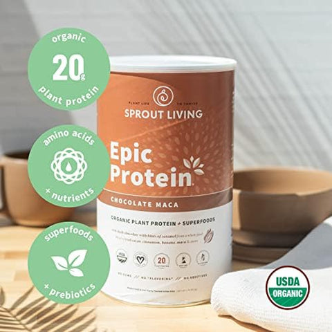 Sprout Living Epic Protein Bundle Chocolate Maca & Vanilla Lucuma (20G Organic Plantbased Protein Powder Vegan Gluten Superfoods) 2Lb 24 Servings