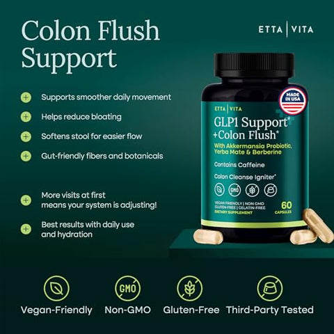 Etta Vita Colon Cleanse Glp-1 Supplement Weight Loss & Energy - Appetite Suppressant & Fat Burner For Women And Men With Berberine Yerba Mate Psyllium Husk Senna Leaf Lemon Black Garlic - Digestive Broom