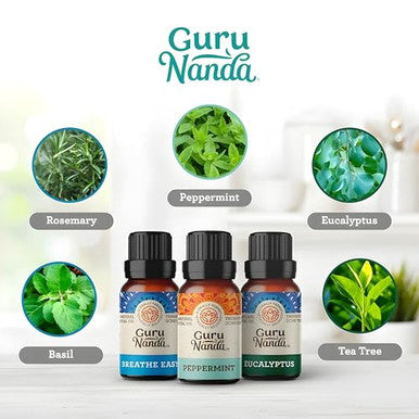 Gurunanda Breathe Essential Oil Set 3-Pack Aromatherapy Oils For Diffusers Massages & Diy Recipes Peppermint Eucalyptus & Breath Easy 100 Pure Natural & Undiluted (3 X 0.34 Fl Oz)