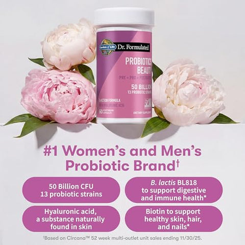 Garden Of Life Dr. Formulated Beauty Probiotics With Biotin Hyaluronic Acid And Pre Pro & Postbiotics Skin Health Hair & Nails Non-Gmo Gluten-Free 60 Vegetarian Capsules