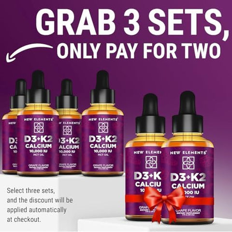 Elements Liquid Vitamin D3 K2 Drops With Calcium For Adults Vitamin D3 10000 Iu D3 K2 With Calcium For Bone Health & Immunity Support Joint Health Supplement Non-Gmo Vegan