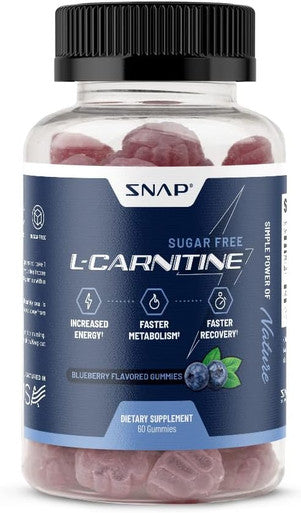 Snap Supplements Sugar Free L Carnitine 500Mg Gummy - Natural Pre Workout L-Carnitine Supplement - Increased Energy Faster Recovery Boost Metabolism Pre Workout For Women & Men Blueberry Flavor (60 Gummies)