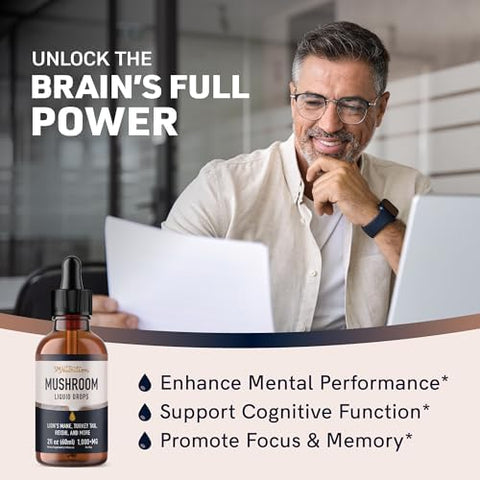 Smnutrition Mushrooms Liquid Drops Complex Lions Mane Supplement With Turkey Tail Mushroom Reishi Shiitake & More Support Cognitive Function Memory & Focus Nongmo Soy 2 Fl Oz 60 Servings