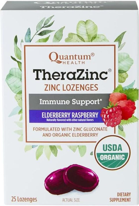 Quantum Health TheraZinc USDA Organic Zinc Lozenges Eldertry Raspberry Immune Support Formulated with Zinc Gluconate Fast Relief No Aftertaste 25 Count Pack of 1