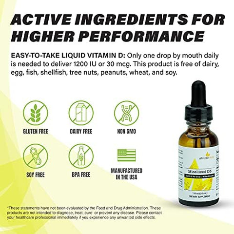 Ultimatevitality Micellized Vitamin D3 Liquid 750 Servings 1200 Iu Per Drop Best Value Natural Soy Water Soluble - 1 Ounce
