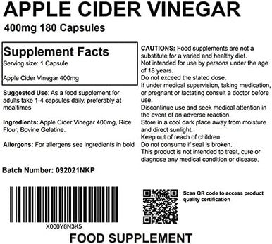 Apple Cider Vinegar 400mg 180 Capsules - High Strength Supplement UK Made. Pharmaceutical Grade - Appetite Suppressant, Diet, Blood Sugar