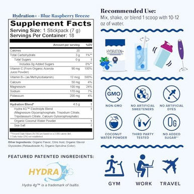 Vitauthority Hydration Electrolyte Powder Packets Blend Magnesium Calcium Sodium Potassium Coconut Water + Vitamin C & B12 Sugar-, Vegan, Non-Gmo, Energy & Immune Support, 18 Servings Blue Raspberry Flavor
