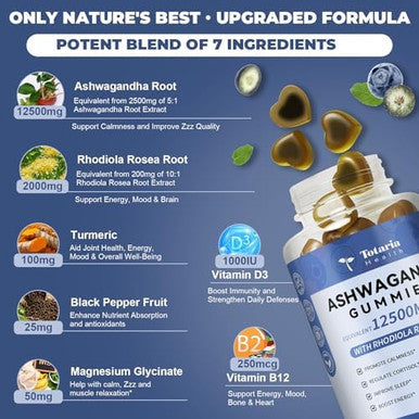 Totaria Sugar Ashwagandha Filled Gummies W/Vitamin D3, Magnesium Glycinate, Rhodiola, Ultra Strength Ashwa Root Supplements For Women & Wen, For Relaxation, Energy, Cortisol Gummies