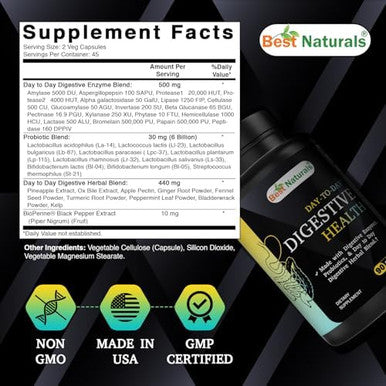 Best Naturals Daytoday Digestive Support 90 Veg Capsules Made With Digestive Enzymes Probiotics & Herbal Blend Made In The Usa