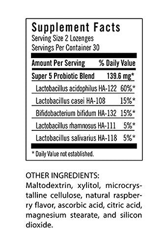 Flora Super 5 Lozenge Probiotic Raspberry Flavored Oral Probiotic Good for Bad Breath Five Strains with 2 Billion CFU Regain and Retain Gut Health RAW 60 Lozenges