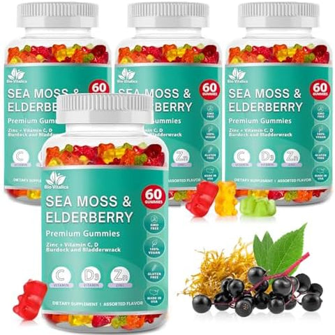 Bio Vitalica Sea Moss Gummies Elderberry Biovitalica Vitamin C D + Zinc Irish Seamoss Vegan Gummy With Sea Moss Gel & Powder For Immunity Detox For Adults And Kids (2Packs)