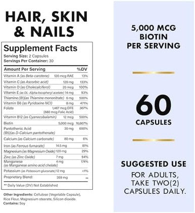 Hair Shield Hair Skin And Nails Vitamins For Hair Growth And Stronger Nails, Biotin Vitamins With Calcium & Zinc For Women And Men, 120 Capsules