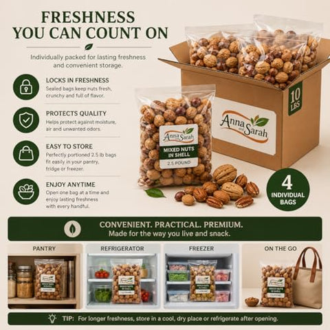 Anna and Sarah Premium Kosher Mixed Nuts in Shell Box, NO BRAZIL NUT 10 Lbs | 160 Oz Bulk, Jumbo Walnuts, Extra Large Pecans, Almonds, Large Oregon Hazelnuts, Fresh