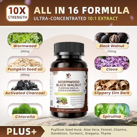 Lukaree Wormwood Black Walnut Cleanse For Human 1200Mg " Ultra Gut Cleanse & Digestive Health W/Pumpkin Seed Oilcloveactivated Charcoal 10X Concentrated Men & Women Probiotic Capsules Vegan60 Ct