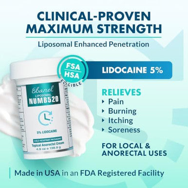 Ebanel 5% Lidocaine Numbing Cream Pain Relief Burn Itch Numb Cream 4.9Oz