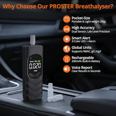 Proster Dual-Sensor Portable Breathalyzer With Voice Prompts & 20 Mouthpieces - Rechargeable Digital Alcohol Tester Professional Accuracy Fast 4-Second Results For Personal & Workplace Use