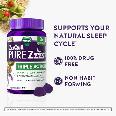 Zzzquil Pure Zzzs Triple Action Melatonin Gummies Melatonin 6Mg 3X Melatonin Sleep Aid With Ashwagandha Calm Mood Antioxidant Action Sleep Aids For Adults 60 Sleep Gummies