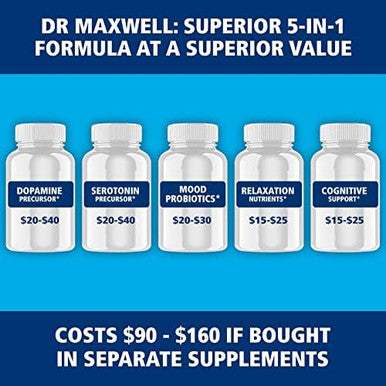 Dr. Maxwell Serotonin And Dopamine Supplements With Mood Probiotic 5In1 Support For (1) Dopamine (2) Serotonin (3) Mood (4) Relaxation (5) Focus & Brain 60 Capsules