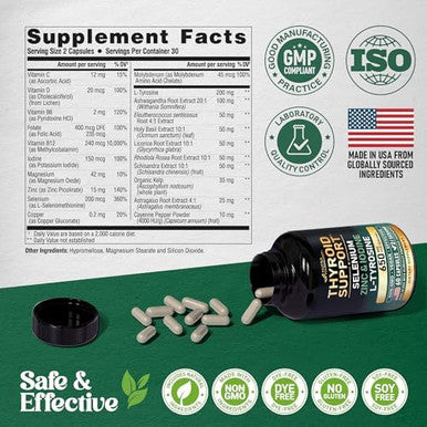 Thyroid Support For Women - Selenium 200 Mcg Zinc & Iodine L-Tyrosine Magnesium Adaptogen Herbs - 21-In-1 Antioxidant & Immune Support - Vegan, Non-Gmo, Lab Tested - 60 Capsules, Made In Usa