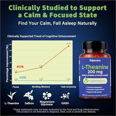 Hojasana L-Theanine 200Mg With Saffron Gaba Magnesium Glycinate & Vitamin B6 Advanced Complex Formula For Mood Relaxation & Stress Relief & Sleep Support 60 Vegan Capsules Non Gmo Gluten-Free