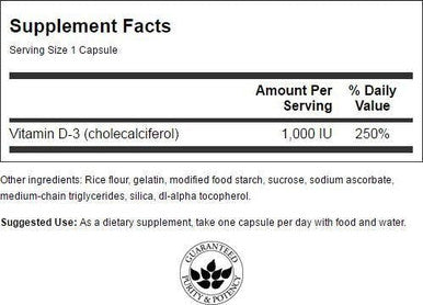 Swanson Vitamin D3 1000 IU - 250 Softgels - Bone Health Immune Support and Muscle Function Supplement