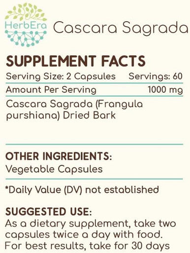 HerbEra Cascara Sagrada 120 Capsules, 500 mg, Responsibly farmed Made with Cascara Sagrada (Frangula purshiana) Dried Bark (120 Capsules)