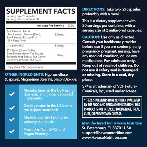 Havasu Nutrition Saw Palmetto 500Mg And L-Arginine 500 Mg - Prostate Health And Nitric Oxide Supplements For Men - 60 Count - Urinary Function Support And Endurance For Active Males - Vegan Non-Gmo 1 Month Supply