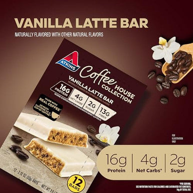 Atkins Coffee House Collection Vanilla Latte Bar 16G Protein 2G Sugar 4G Net Carbs 13G Fiber 12 Count
