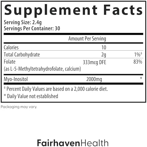 Fairhaven Health Folate and Myo Inositol Powder for Women 1 Per Day Female Fertility Supplement Ovarian Health and Egg Quality 2000 mg MyoInositol and 333 mcg Methylfolate 30 Stick Packs