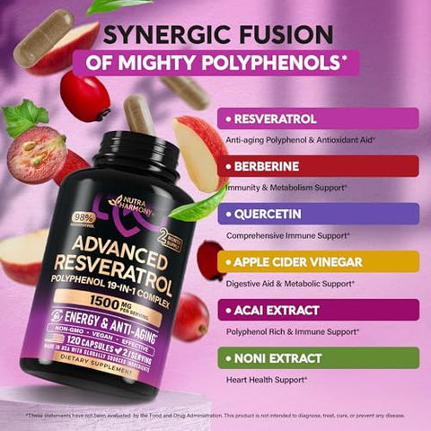 Nutraharmony Resveratrol Supplement - 19-In-1 Organic Polyphenol Complex - Noni Extract Berberine Quercetin Apple Cider Vinegar Acai - Made In Usa - Antioxidant & Heart Health Support 120 Capsules