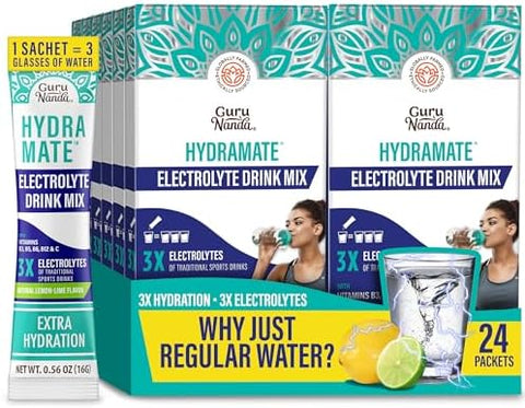 Gurunanda Hydramate Hydration Support Drink Mix Electrolyte Powder Packets For Dehydration Exercise & Energy No Added Sweeteners Nongmo Natural Lemon Lime Flavor 12 Count (0.56 Oz Each)