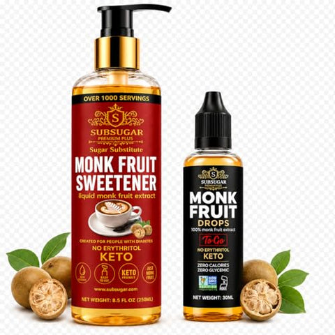SubSugar Pure Monk Fruit Sweetener Home & Travel Bundle ÃƒÂ¢Ã¢â€šÂ¬Ã¢â‚¬Å“ 250ml Liquid Monk Fruit Drops + 30ml Travel Size ÃƒÂ¢Ã¢â€šÂ¬Ã¢â‚¬Å“ No Erythritol, Zero Sugar, Keto Friendly